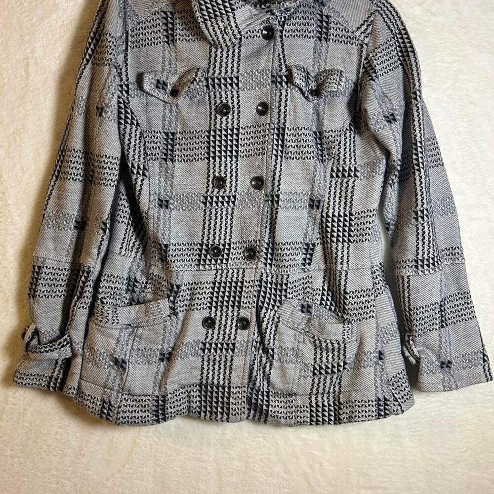 Hurley‎ Women Small Grey Black Plaid Double Breasted Pea Coat Jacket Cotton Knit